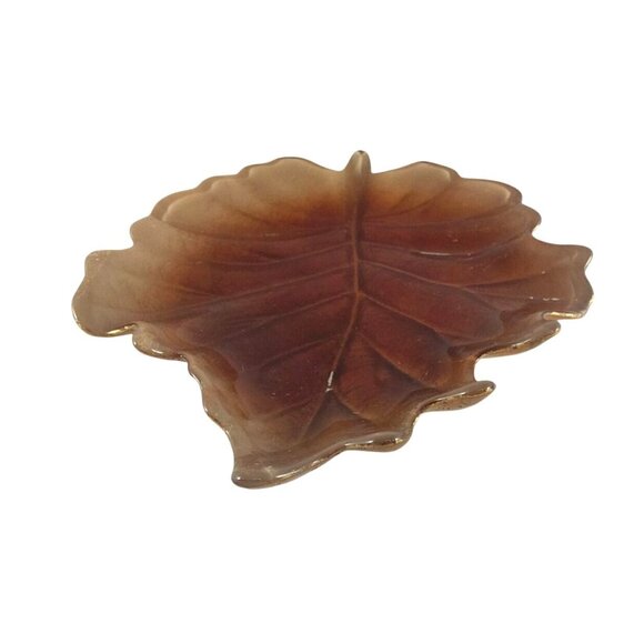 Vintage Amber Glass Leaf Shaped Trinket Dish - Picture 4 of 10